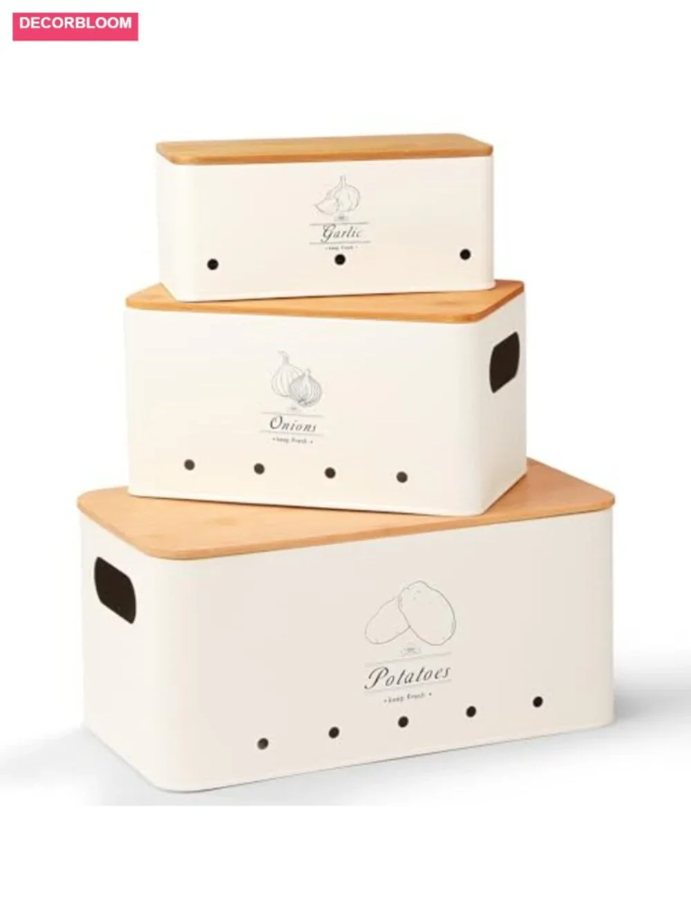 3-Piece Kitchen Vegetable Storage Tin Set Steel Bamboo Lid